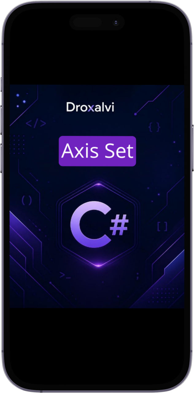 Phone screen displaying Droxalvi Axis Set with C# logo on a dark background