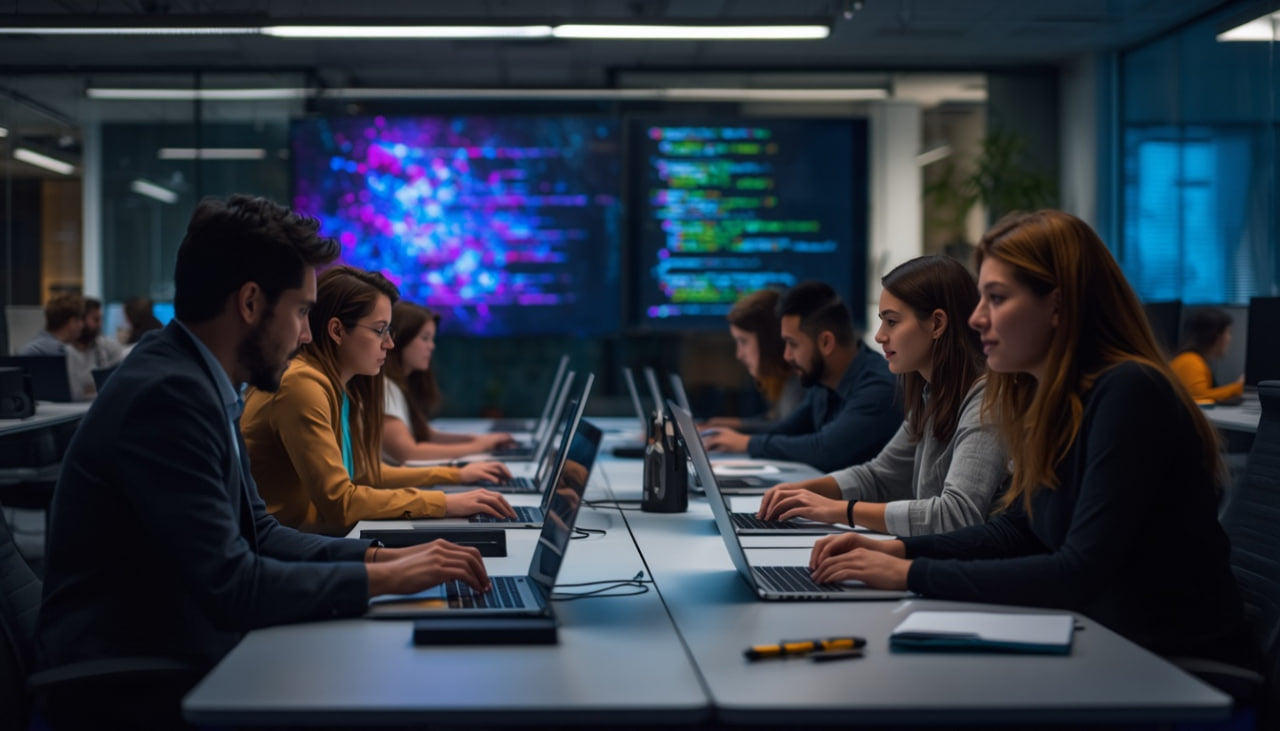 Group of people working on laptops in a darkened office setting with multiple computer monitors displaying code and data.