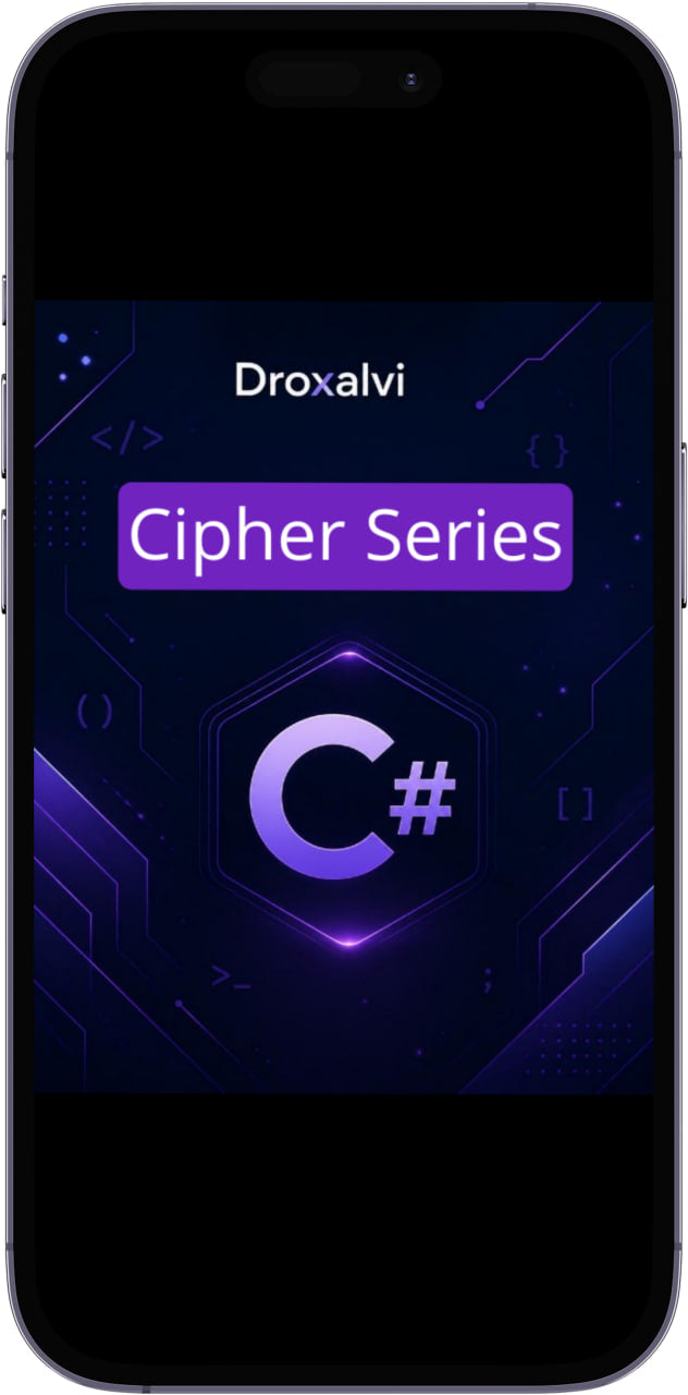 Phone displaying Droxalvi Cipher Series with C# logo on a dark background