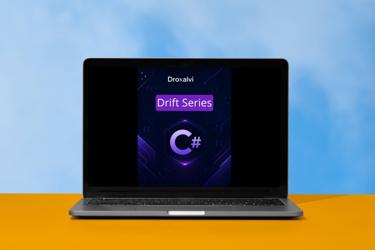 Laptop displaying a software interface with 'Droxalvi' branding on a blue and orange gradient background.