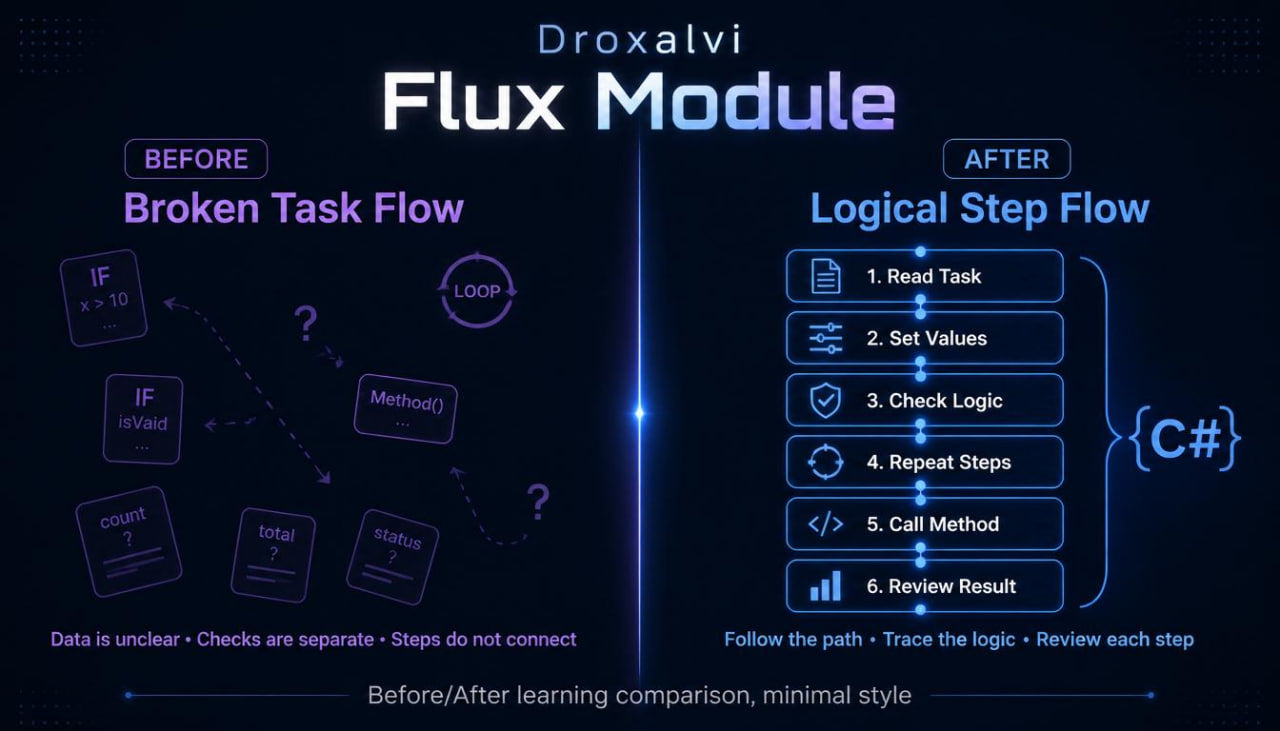 Comparison of 'Before' and 'After' task flow diagrams for Droxalvi Flux Module on a dark background.
