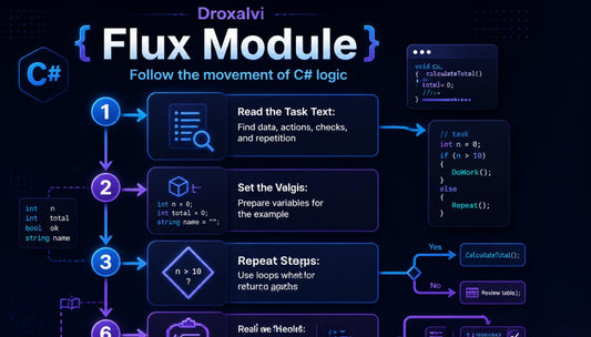 Diagram of a Flux Module with C# code and flowchart elements on a dark background