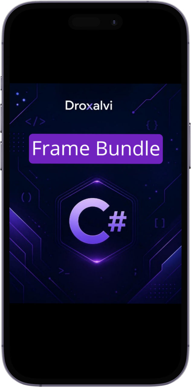 Phone screen displaying Droxalvi Frame Bundle with C# logo on a dark background