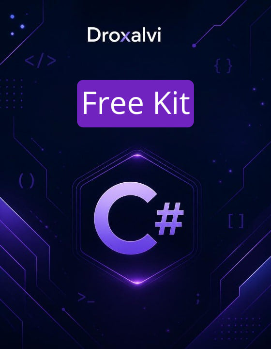 Promotional graphic for Droxalvi Free Kit featuring C# on a dark background with circuit board design.