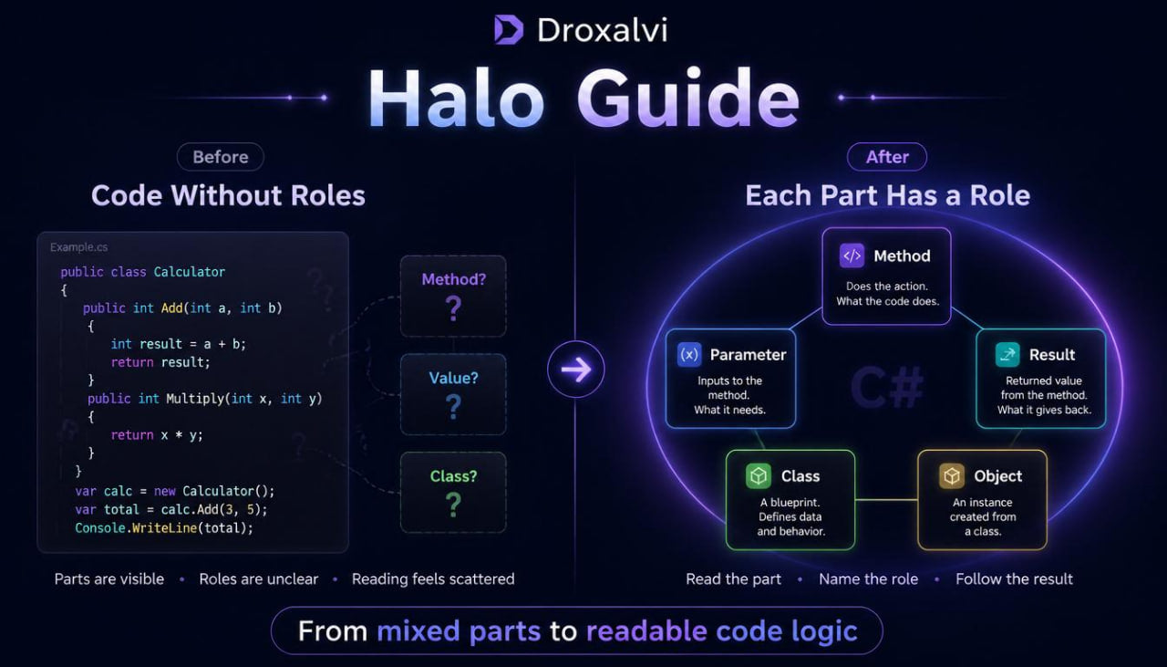 Comparison of code with and without roles using Droxalvi Halo Guide on a dark background