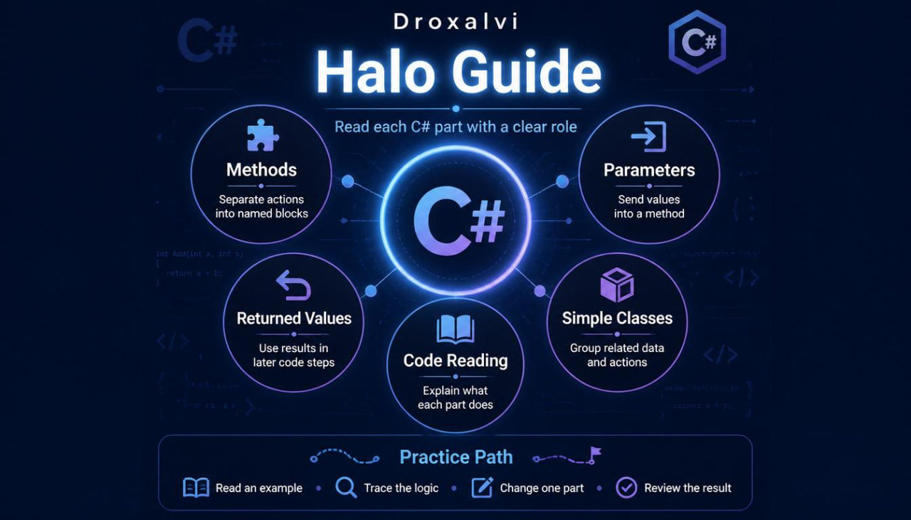 Droxalvi Halo Guide for C# programming with blue and black color scheme