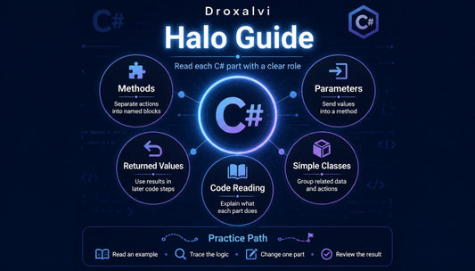 Droxalvi Halo Guide for C# programming with blue and black color scheme
