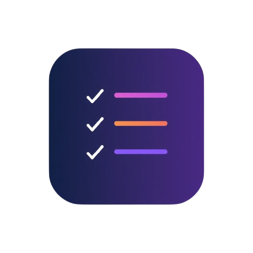 Icon with checkmarks and colorful lines on a purple square background