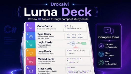 Luma Deck app interface with C# coding topics on a dark background