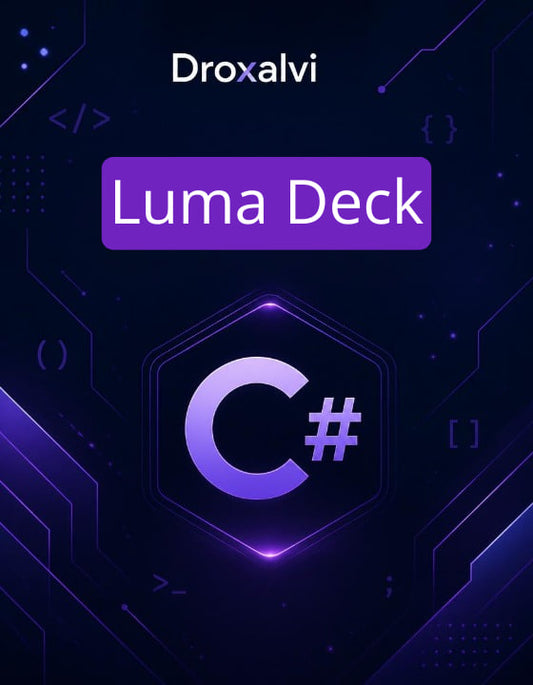Luma Deck logo with C# symbol on a dark background featuring coding elements.
