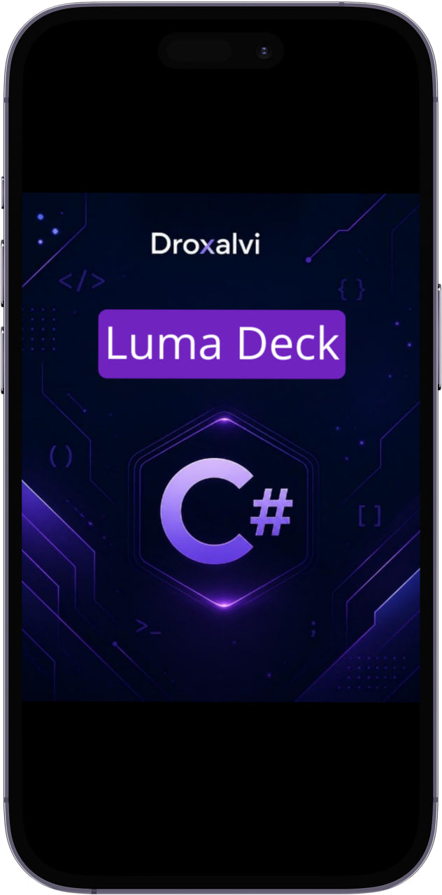 Phone screen displaying Droxalvi Luma Deck with C# logo on a dark background