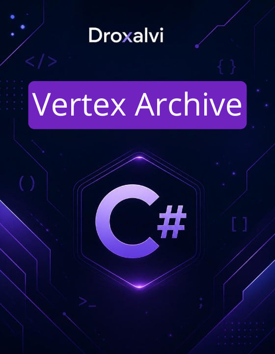 Droxalvi Vertex Archive logo with C# symbol on a dark background